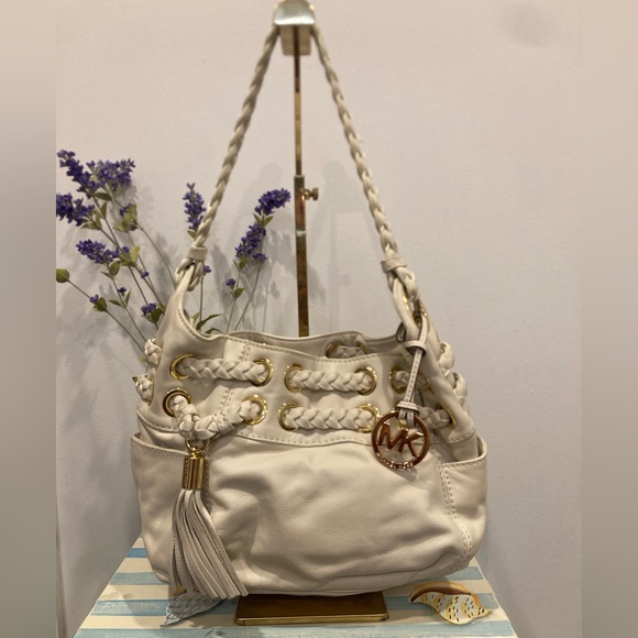 Michael Kors Astor Grommet Satchel Bone Leather Gold Hardware Braided Handle